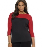 A modern color-blocked design enlivens Lauren Ralph Lauren's plus size dolman-sleeved top, knit in soft cotton for comfortable yet chic style.