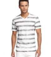 Vary your v-neck look with this striped t-shirt from Marc Ecko Cut & Sew.