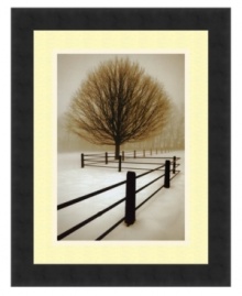 The quiet tranquility of an untouched snowfall is captured in black, white and brown by artist David Lorenz Winston. A dark fence guides the viewer to a leafless tree and into the fog-shrouded distance. Framed in satin black.