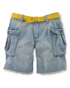 The cool cargo short is rendered in durable denim for a rugged look.