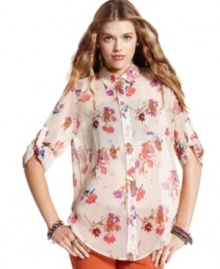 A cool lace inset at the back gives this floral-print button down top from American Rag a totally unique edge.