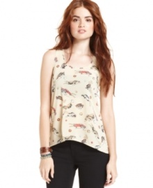 Rock cute style on laid back days! This racerback tank top from American Rag features a fun car-print and high-low hem.