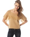 Open knit details and fringe add a vintage appeal to this Material Girl cropped top -- adorable over high-waisted denim!