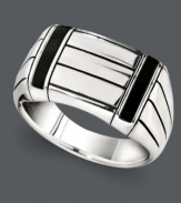 Modern style for the sophisticated man. This sleek, men's ring features a smooth sterling silver setting with rectangular-shaped onyx accents. Size 8-12.