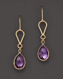 Bezeled amethyst teardrops, framed in 14K yellow gold.