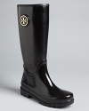 This season's rain boots stand out thanks to bold logo hardware against trusty, waterproof rubber; this Tory Burch design delivers on the trend.