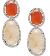 Inspired by nature, these stunning drop earrings highlight organically-shaped carnelian (24-3/4 ct. t.w.) and gold rutilated quartz (10 ct. t.w.) surrounded by round-cut diamonds (1/5 ct. t.w.). Set in 14k gold over sterling silver. Approximate drop: 1-3/4 inches.