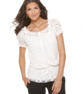 A peasant top gets a romantic makeover from NY Collection! The sheer lace fabric elevates an essential piece.