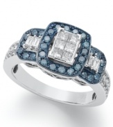 Elegance has never looked so unique. This intricate ring features three squares covered in round-cut blue diamonds (3/8 ct. t.w.) and white diamonds (3/4 ct. t.w.) set in 14k white gold.