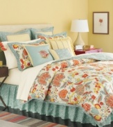 The Elizabetha comforter set from Martha Stewart Collection offers an exotic look for the bedroom, featuring a striking floral pattern in a vibrant palette of yellow, orange, red and blue. Bedskirt, shams and European shams complete the look with coordinating colors and patterns.