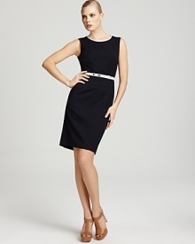 A chic turn-lock belt breaks up the lines of this ultra-sleek Anne Klein Dress sheath.