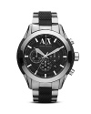 This gleaming silver and black watch from Armani Exchange is a solid piece of fashion hardware. Crafted of stainless steel, it features chronograph movement for an uptick in stylish practicality.