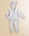 This rich velour two-piece set comprised of a hoodie and jogging pants, makes a great outfit for playtime.Attached hood with classic check liningZip-front styleFront kangaroo pocketMatching pants with elastic waistCottonMachine washImported