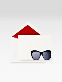 Featuring signature, slightly off-kilter Jackie glasses, this set of 10 cotton cards offers quirky charm. Crimson-lined, off-white envelopes offer a pop of color. Perfect gift ideaDesigned by Julia Farill of Red Bird Ink5.9W X 4.5HMade in USA