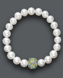 A traditional design receives a sparkling touch. Cultured freshwater pearls (8-9 mm) in shimmery white hues adorn this chic stretch bracelet, while a multicolored crystal fireball adds extra glamour. Approximate diameter: 3-1/2 inches.