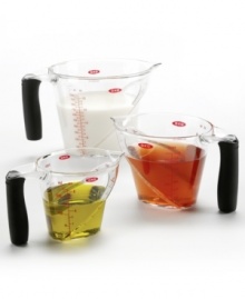 The patented angled surface on these measuring cups lets you read measurements from above, eliminating the need to fill, check and adjust the amount.