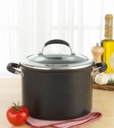 This high-capacity stock pot is a stovetop savior, helping you cook enough soup, stew and chili to satisfy even the hungriest stomachs. Constructed of heavy-gauge, hard-anodized aluminum, it uses a combination of improved Hi-Lo wave technology and the most advanced nonstick formula available - unrivaled for durability and food release. Limited lifetime warranty.