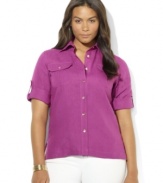 Stylish roll-tab sleeves lend casual ease to Lauren Ralph Lauren's plus size comfortable button-down in lightweight linen.