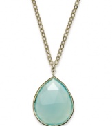 A drop of color brightens any look. This brilliant pear-shaped pendant features medium blue chalcedony (3-1/2 ct. t.w.) in a 10k gold setting. Approximate length: 18 inches. Approximate drop: 1 inch.