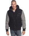 Letter with a capital S for winning style: Sean John varsity jacket with hood and four-pocket front.