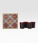 Four festive, fragrant votice fill your home with notes of red currant, evergreen and juniper for a home-for-the-holidays feel.Four-piece setRed glass votivesGift boxedBurn time, approx. 8 hrs. eachApprox. 1 oz. eachEach, 2Diam. X 4HImported