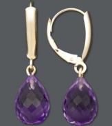 A poignant look. Polished purple amethyst drops (1-1/8 ct. t.w.) add a regal touch to a 14k gold leverback setting. Approximate drop: 1-1/8 inches.