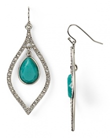 Crystal pave adds a luxe touch to teal colored stones. Earrings by Aqua.