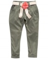 An extra special touch. These pants from DKNY get dressed up with an included belt with rosette detailing.