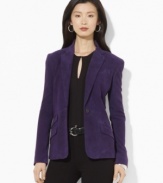 Lauren by Ralph Lauren's timeless jacket silhouette is crafted in luxurious suede to create an elegant wardrobe essential for the modern woman.