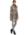 Sport this classic streamlined DKNY walker coat featuring a chic textured plaid design. A removable belt flatters your waistline and chic faux leather details add style to your look!