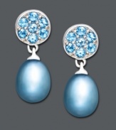 Get glamorous in blue hues. Fresh by Honora earrings feature a blue cultured freshwater pearl drop (7-7-1/2 mm) and sparkling blue topaz accents. Set in sterling silver. Approximate drop: 3/8 inch.