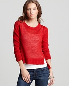 Add a stylish pop to your tried-and-true basics with this crimson-hued sheer knit Aqua sweater with a trend-right high/low hem.