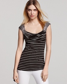 Narrow stripes and an elegantly draped neckline bring cool sophistication to this Bailey 44 top.