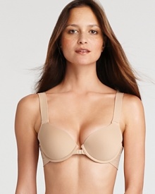 This plunging push-up bra features light contouring pads and microfiber cups that give the illusion of a lift. Features all-hosiery straps and front closure.