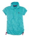 A classic short-sleeved polo shirt is updated with vibrant colors and ruching at the sides.