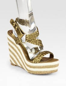 Striped espadrille wedge and braided leather strap lend a textural touch to this age-blind basic. Hemp wedge, 5 (125mm)Hemp platform, 1½ (40mm)Compares to a 3½ heel (90mm)Metallic leather upperLeather lining and solePadded insoleMade in ItalyOUR FIT MODEL RECOMMENDS ordering true whole size; ½ sizes should order the next whole size down. 