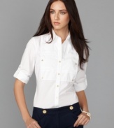 Inspired by military styling, this crisp shirt from Tommy Hilfiger features a square button-down bib at the chest. Try it with a fitted blazer and skinny jeans! (Clearance)