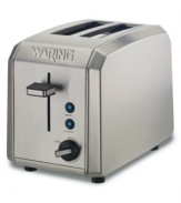 A morning must-have, the Waring toaster helps you rise and shine with its brushed stainless steel housing and extra-wide slots that accommodate bread, bagels, english muffins and other breakfast favorites. Adjustable shade control makes it just the way you like it. One-year limited warranty. Model WT200.