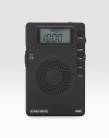 A handheld clock/radio is the ideal carry-along for travel, camping or a day at the beach. AM/FM stereo tuner with shortwave band Analog tuner with digital display Clock, sleep timer and alarm function Headphone jack Telescopic antenna Uses 3 AAA batteries (not included) 2¾W X 4¼H X ½D Imported