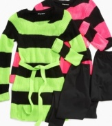 A vibrant neon striped sweater dress and solid leggings team up to create this cute and trendy set by Planet Gold.