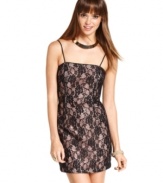 Lace du jour: rock the season's favorite fabric with this pretty party dress from Roberta! Features spaghetti straps and a sleek, curve-hugging fit.