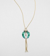 From the Lucite Teatro Moderne Collection. Two graceful cresents of hand-painted, hand-sculpted Lucite, with the rich coloration of malachite, are embellished with faceted Swarovski crystals that hold a golden chain tassel.CrystalLuciteGoldtoneChain length, about 32Lobster claspMade in USA