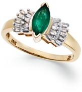 Exquisite by design. A marquise-cut emerald (5/8 ct. t.w.) adorns the center of this beautiful ring, while baguette-cut diamonds (1/5 ct. t.w.) create a fan pattern on either side. Crafted in 14k gold.