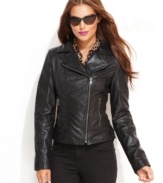 Rev up your engines, ladies! GUESS updates a classic leather motorcycle jacket with a sexy feminine fit.