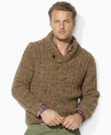 Handsome and hearty in chunky cable knit, this heritage-infused shawl-collar sweater is crafted from a luxurious blend of wool, silk, alpaca and cashmere yarns.