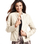 Alfani's structured faux leather jacket is just the piece to balance feminine looks with a bit of edge.