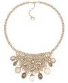 Traditional pearls in a trendy setting. Carolee's stylish bib necklace combines a mesh setting with glass stones, glass pearls and vintage-themed coins for a shimmering effect. Set in antique gold-plated mixed metal. Approximate length: 17 inches + 2-inch extender. Approximate drop: 2-1/4 inches.