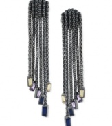 Fringe benefits. BCBGeneration's pair of linear earrings are crafted from hematite-tone mixed metal with mesh fringe ending in multicolor glass stones for a stylish touch. Approximate drop: 3 inches.