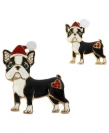 Want a puppy for Christmas? This cute bulldog in Santa hat set of brooches is sure to please. Crafted from antique gold-tone mixed metal with glass and glitter accents. Items come packaged in a signature Betsey Johnson Gift Box. Approximate length: 1-1/10 inches to 1-3/4 inches. Approximate width: 1 inch to 1-1/2 inches.