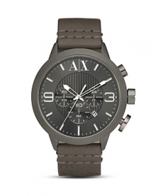 Slip on Armani Exchange's round-faced chronograph to energize strict tailoring and sleek suits.